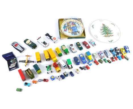 Various diecast vehicles, unboxed and play worn, bus, 4cm high, Matchbox, etc., Spode plate, Crown Staffordshire plate, etc. 