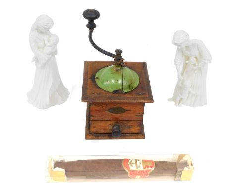 A French Peugeot coffee grinder, with front drawer, 23cm high, a large Flor cigar, partially cased, and two Royal Worcester f