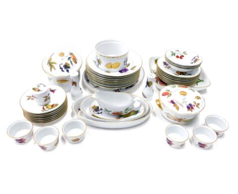 Various Royal Worcester Evesham pattern dinnerware, lidded souffle dish, 28cm wide, various other dishes, plates, serving pla