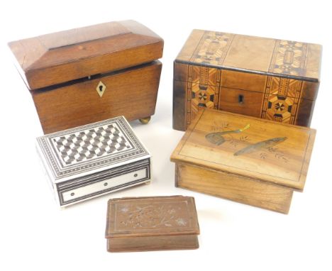 Various boxes, a 19thC mahogany box, sarcophagus shaped rosewood tea caddy, 21cm high, Eastern box, book shaped example, etc.
