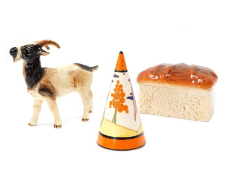 Various pottery and effects, a Goebel Hummel figure of a mountain goat, printed marks beneath, 12cm high, Beswick loaf jar an