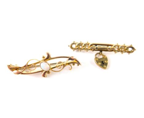 An opal set Victorian brooch in 15ct rose gold, 2.1g all in, together with a small bar brooch.