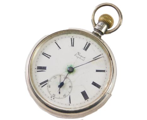 An Edward VII silver open faced pocket watch, the 5cm diameter Roman numeric dial with subsidiary Arabic second hand, marked 