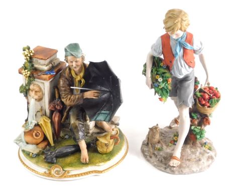 A 20thC Capodimonte figure, of a gentleman beside pillar bearing date 1885 holding umbrella, 23cm high, and a further figure 