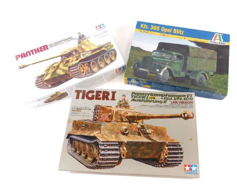 Various Tamiya and other 1/35 miniature series model kits, comprising Panther Tank, another Tiger I, and an Italeri KFZ .305 