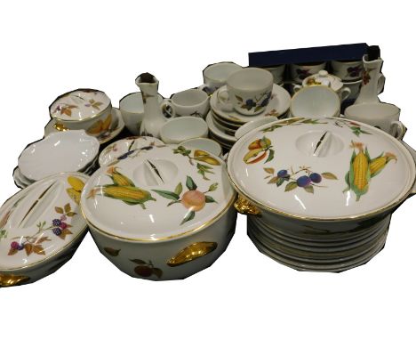 Various Royal Worcester Evesham pattern dinner ware, vinegar bottle, 16cm high, lidded tureens, vegetable tureen, cups, sauce