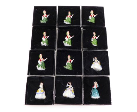 Various Royal Doulton miniature figures, Yuletide Memories, M225, printed marks beneath, 6cm high (8), and four further Doult