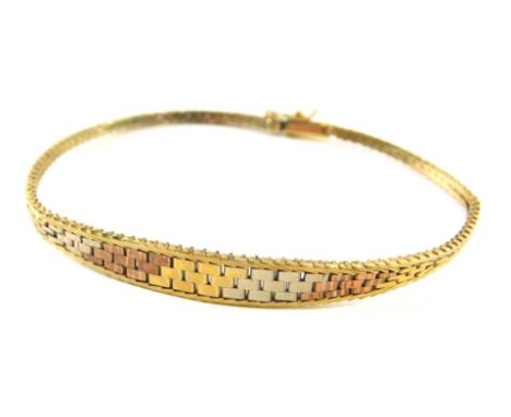 A 9ct gold tri-colour bracelet, with brickette inset front panel, 5.1g.