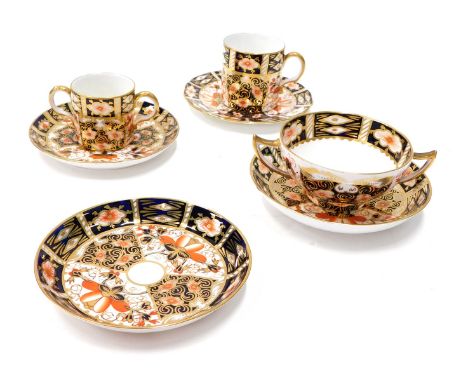 Various Royal Crown Derby Imari pattern teaware, coffee can, 5cm high, loving cup, various saucers, etc., printed marks benea