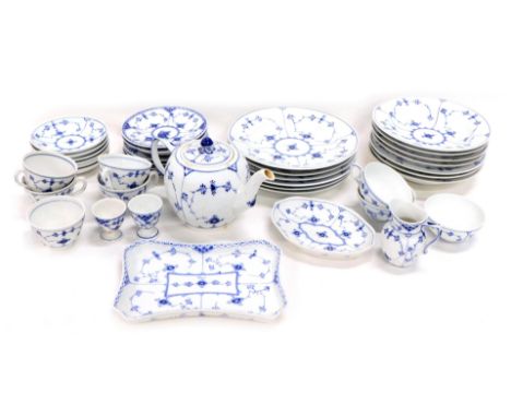 A Royal Copenhagen 522 blue and white part service, to include shaped dish 24cm wide, teapot, bowls, cups, saucers, similar j