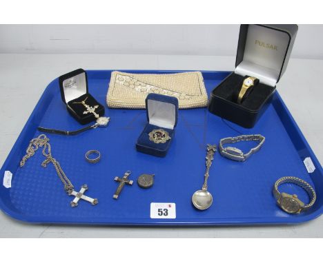 A Decorative Mother of Pearl and Marcasite Set Cross Pendant, on a chain; further cross pendants, ladies wristwatches, decora
