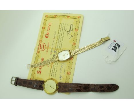 Sarcar Geneve; An 18ct Gold Cased Ladies Wristwatch, the signed tonneau shape dial with block markers and date aperture, with