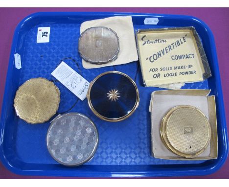 A Hallmarked Silver Powder Compact, of shaped design with engine turned decoration; tpgether with Stratton and other compacts