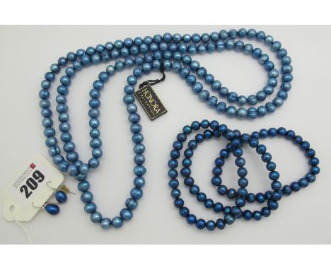 A Honora Single Strand Blue Fresh Water Pearl Bead Necklace, together with three elasticated bracelets and a pair of single p