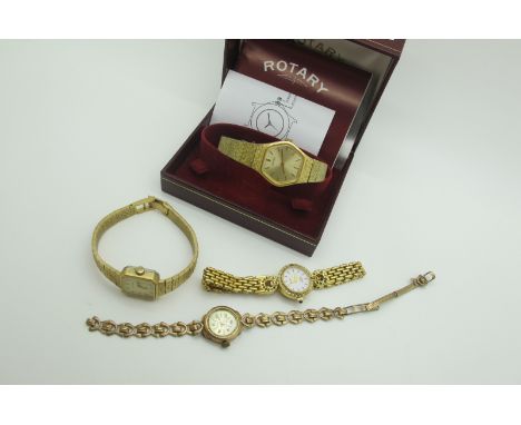 A 9ct Gold Ladies Wristwatch, the signed dial with Arabic numerals and line markers, to open work bracelet (broken) (total we