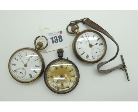 Waltham Gold Plated Cased Openface Pocketwatches, (damages / incomplete); a gun metal cased openface pocketwatch (rust / dama