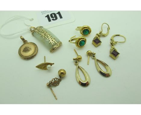 A Modern Green Jade Panel Pendant, stamped "375"; together with a small circular pendant, dainty drop earrings etc. 