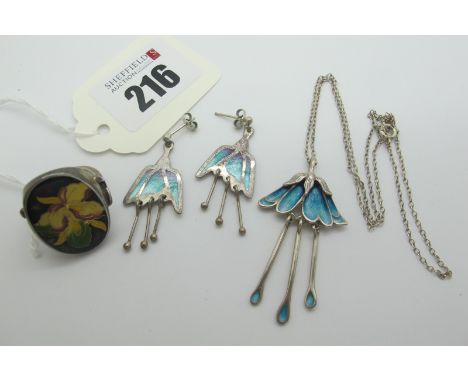 A Decorative Art Nouveau Style Enamel Pendant, on a chain, together with a pair of similar earrings, highlighted in blue; and