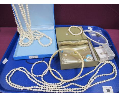 An Opera Length Single Strand Fresh Water Pearl Bead Necklace, together with Honora long single strand pearl bead necklace; t