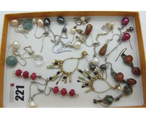 Fresh Water Pearl and Other Modern Earrings, including polished hardstone, faceted drops etc. 