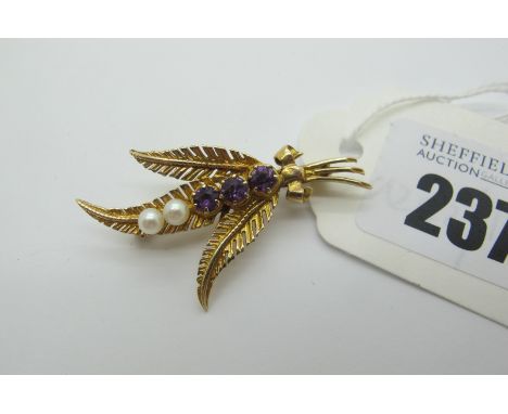 A Decorative Pearl Set Leaf Spray Brooch, stamped "9ct" (3.7grams). 