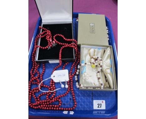 A Long Single Strand Red Fresh Water Pearl Bead Necklace, Honora single pearl earrings stamped "925"; red pearl earrings, mat