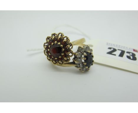 A 9ct Gold Garnet Cluster Ring, claw set throughout (finger size O); Together with Another 9ct Gold Cluster Ring, (finger siz