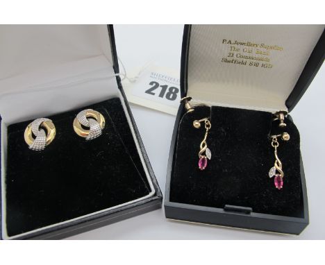 A Pair of Modern 9ct Gold Clip On Earrings, of two tone part textured finish (3.5grams); A Pair of Dainty Drop Earrings,  wit