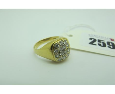 An 18ct Gold Diamond Set Ring, millegrain set, between plain tapering shoulders (finger size S) (5.6grams). 