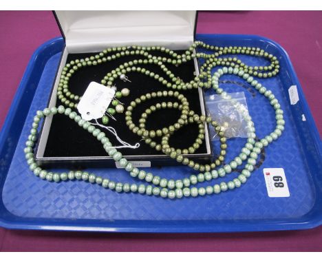Honora Green Fresh Water Pearl Drop Earrings, stamped "925"; a long single strand green fresh water pearl bead necklace, a se