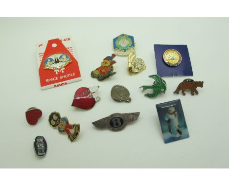 Bentley; A Hallmarked Silver Lapel Badge, Birmingham 1967, together with assorted pin badges, Snoopy enamel badge, '1930-1980
