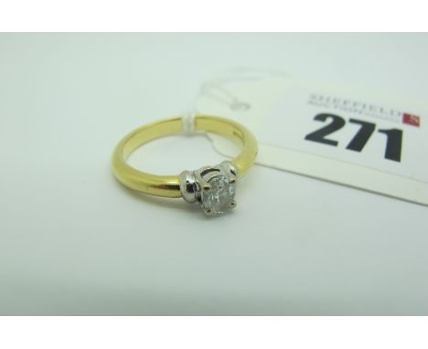 A Modern 18ct Gold Oval Cut Single Stone Diamond Ring, four claw set between stepped shoulders and plain band, stamped "o38" 