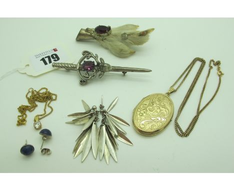 An Oval Locket Pendant, leaf scroll engraved to the front, chains, earrings, Celtic style sword brooch, etc. 