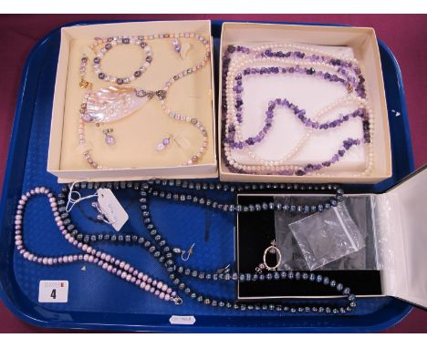 Honora Single Pearl Earrings, stamped "925"; a large Suarti shell panel pendant, on pearl necklace; a long single strand blac