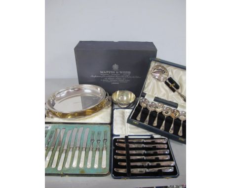 A Set of Six Walker &amp; Hall Mother of Pearl Handled Tea Knives and Forks, in original fitted case; A Cased Set of Dessert 