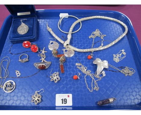 A Modern Novelty Serpent Necklace, of textured finish with inset eyes; together with "925" earrings, pendants on chains, arro