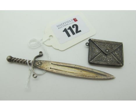A Novelty Hallmarked Silver Dagger Page Marker, approximately 9cm long; A Hallmarked Silver Envelope Stamp Case, allover engr