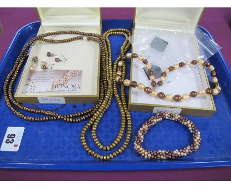 A Honora Brown and Peach Single Strand Fresh Water Pearl Bead Necklace, clasp stamped "925"; three pairs of single pearl earr