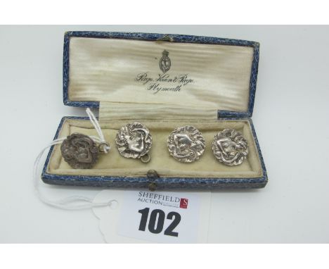 A Decorative Set of Four Edwardian Hallmarked Silver Buttons, J.G., Birmingham 1902, each detailed in relief with a lady play