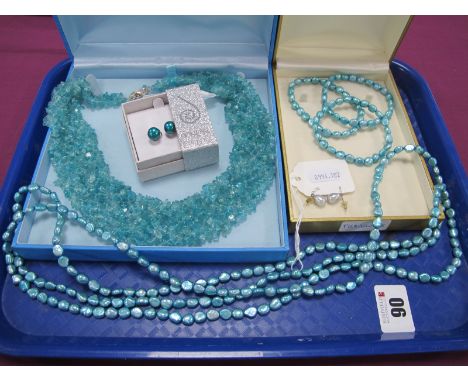 A Long Single Strand Turquoise Fresh Water Pearl Bead Necklace, a pair of Honora single pearl earrings on hook fittings stamp
