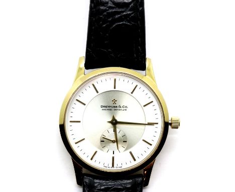 Gents gold plated Dreyfuss wristwatch on leather strap. P&amp;P Group 1 (£14+VAT for the first lot and £1+VAT for subsequent 