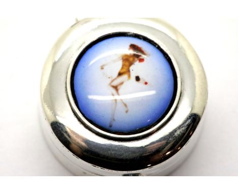 925 silver pill box enamelled with a nude, L: 2.5 cm. P&amp;P Group 1 (£14+VAT for the first lot and £1+VAT for subsequent lo
