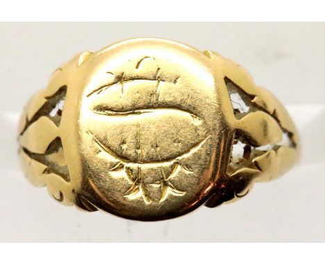 Continental presumed high carat gold signet ring, engraved initials indistinct, size J, 2.7g. P&amp;P Group 1 (£14+VAT for th