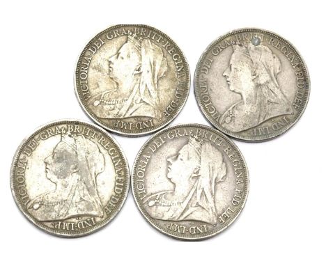 Four Victoria crowns; 1893, 1894, 1895 and 1896. P&amp;P Group 1 (£14+VAT for the first lot and £1+VAT for subsequent lots) 