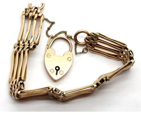 9ct rose gold gate bracelet with padlock clasp, 14.5g, L: 16 cm. P&amp;P Group 1 (£14+VAT for the first lot and £1+VAT for su