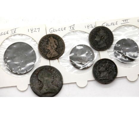 Seven George II and George III copper coins. P&amp;P Group 1 (£14+VAT for the first lot and £1+VAT for subsequent lots) 