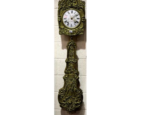 19th century ornate brass cased French 19th century clock, lacking weights, the enamelled dial marked R Jeantet. Not availabl