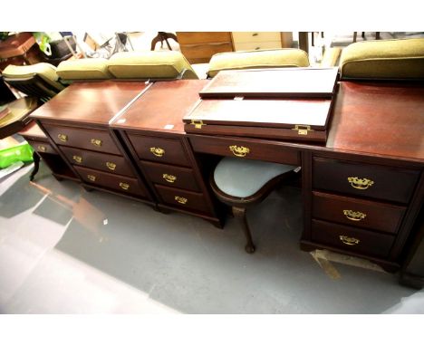 Reproduction mahogany dressing room suite comprising a three drawer chest, bedside/lamp table and dressing table with trifold