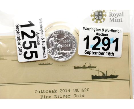 Outbreak of WWI centenary £20 coin. P&amp;P Group 1 (£14+VAT for the first lot and £1+VAT for subsequent lots) 