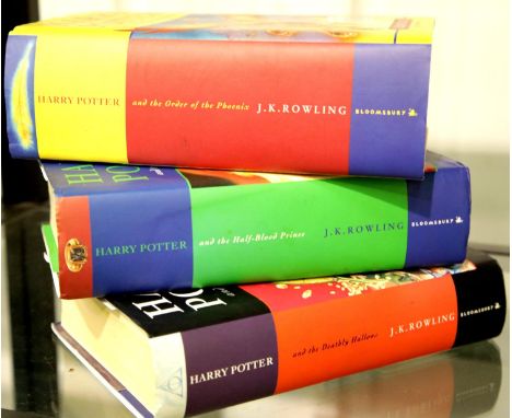 Harry Potter by JK Rowling, three first edition hard back books Order of the Phoenix, Half Blood Prince and Deathly Hallows. 